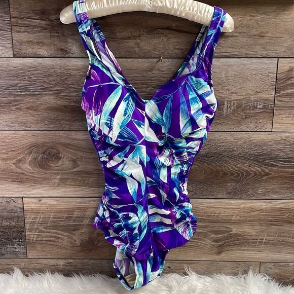 Maxine Ladies One Piece Tropical Print Swim Suit Bathing Suit Sz 12 Teal Purple - Picture 2 of 6